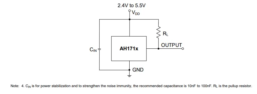 Application Circuit Diagram - Diodes Incorporated AH171x High-Sensitivity Hall Effect Latch Switches
